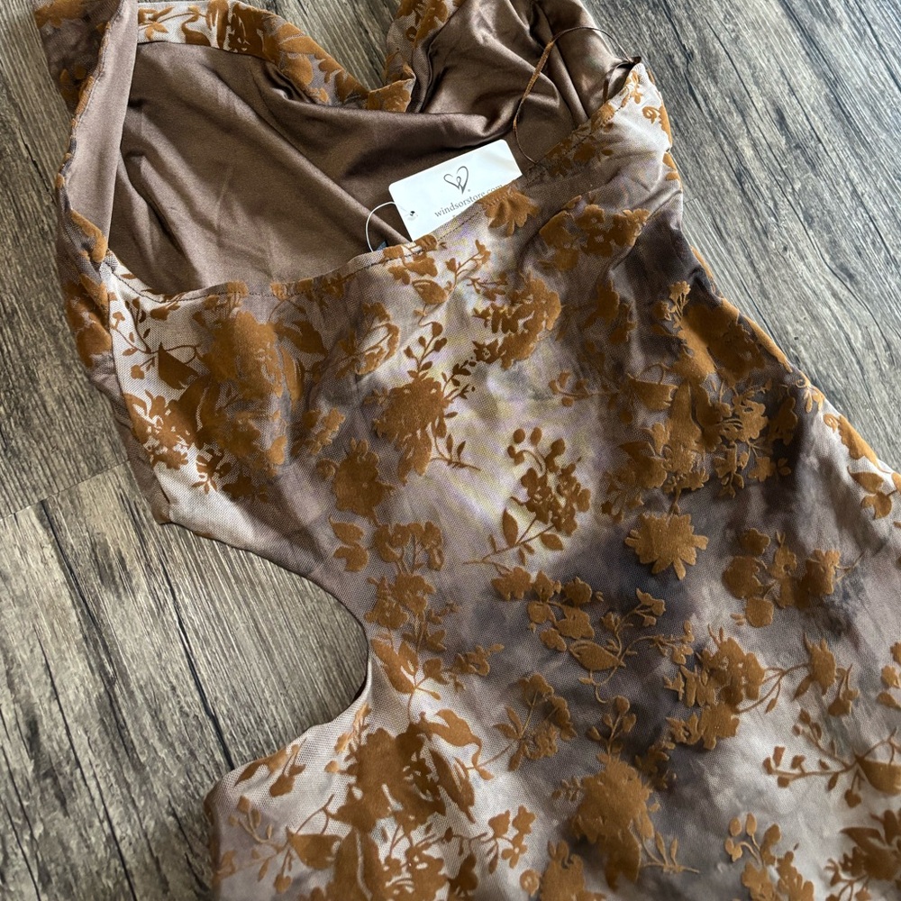 Y2k Style Windsor Brown Floral Burnout Pattern Cowl Halter Top Cutout Mini Dress - Picture 9 of 16